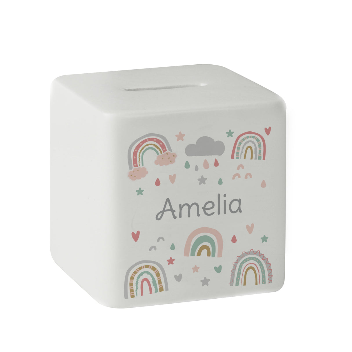 Personalised Rainbow Ceramic Square Money Box: 5 - Money Boxes By Gift Moments