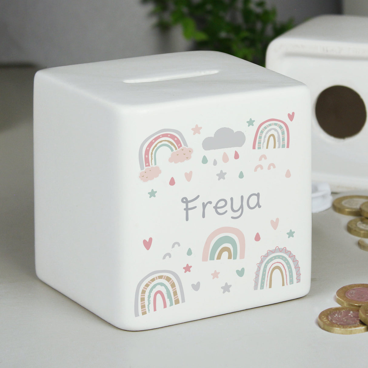 Personalised Rainbow Ceramic Square Money Box: 1 - Money Boxes By Gift Moments