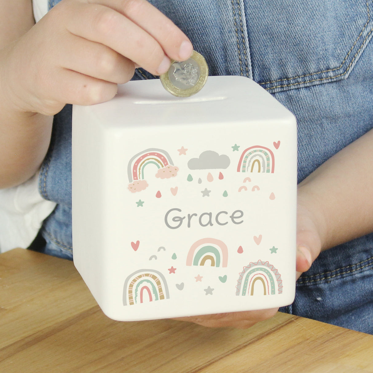 Personalised Rainbow Ceramic Square Money Box: 3 - Money Boxes By Gift Moments