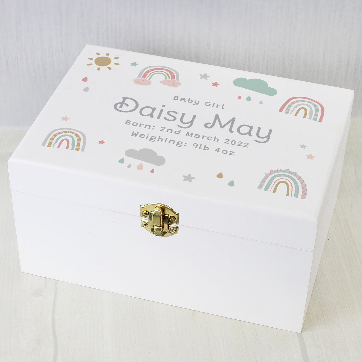 Personalised Rainbow White Wooden Keepsake Box: 5 - Keepsake Boxes By Gift Moments