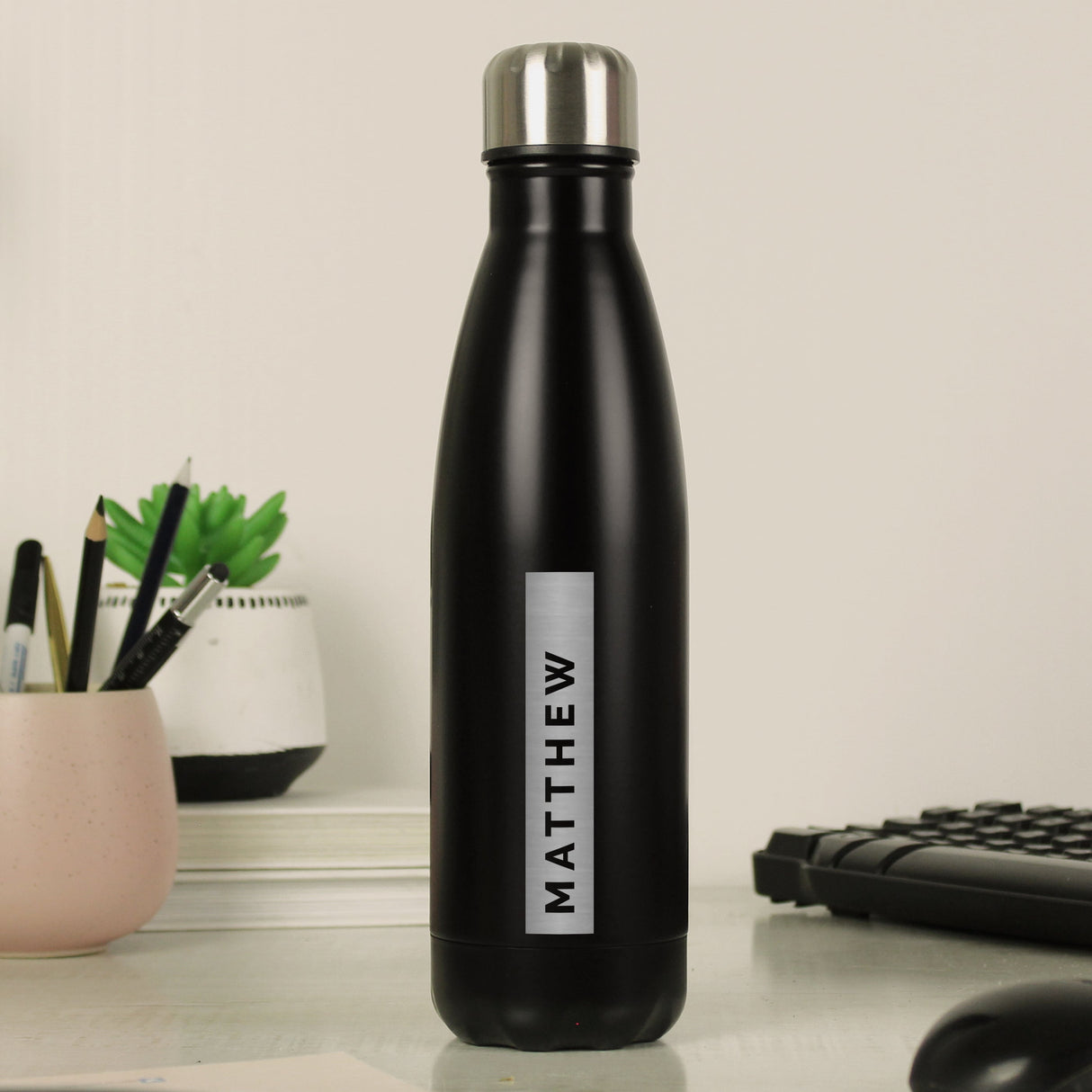 Personalised Rectangle Black Metal Insulated Drinks Bottle: 3 - Water Bottles By Gift Moments