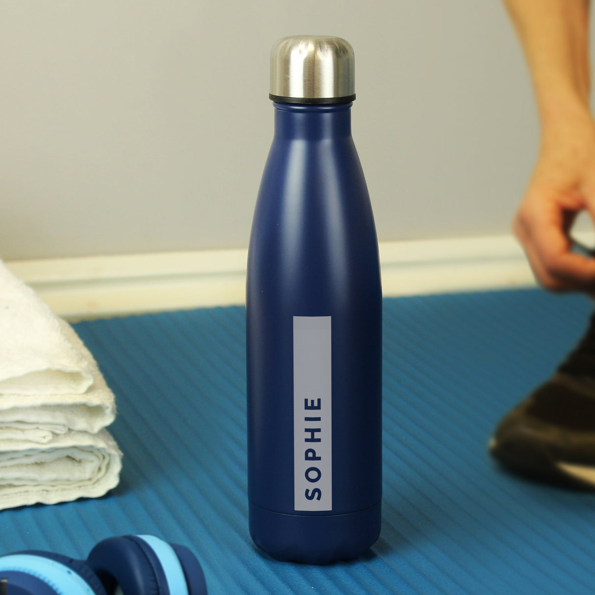Personalised Rectangle Navy Metal Insulated Drinks Bottle: 4 - Water Bottles By Gift Moments