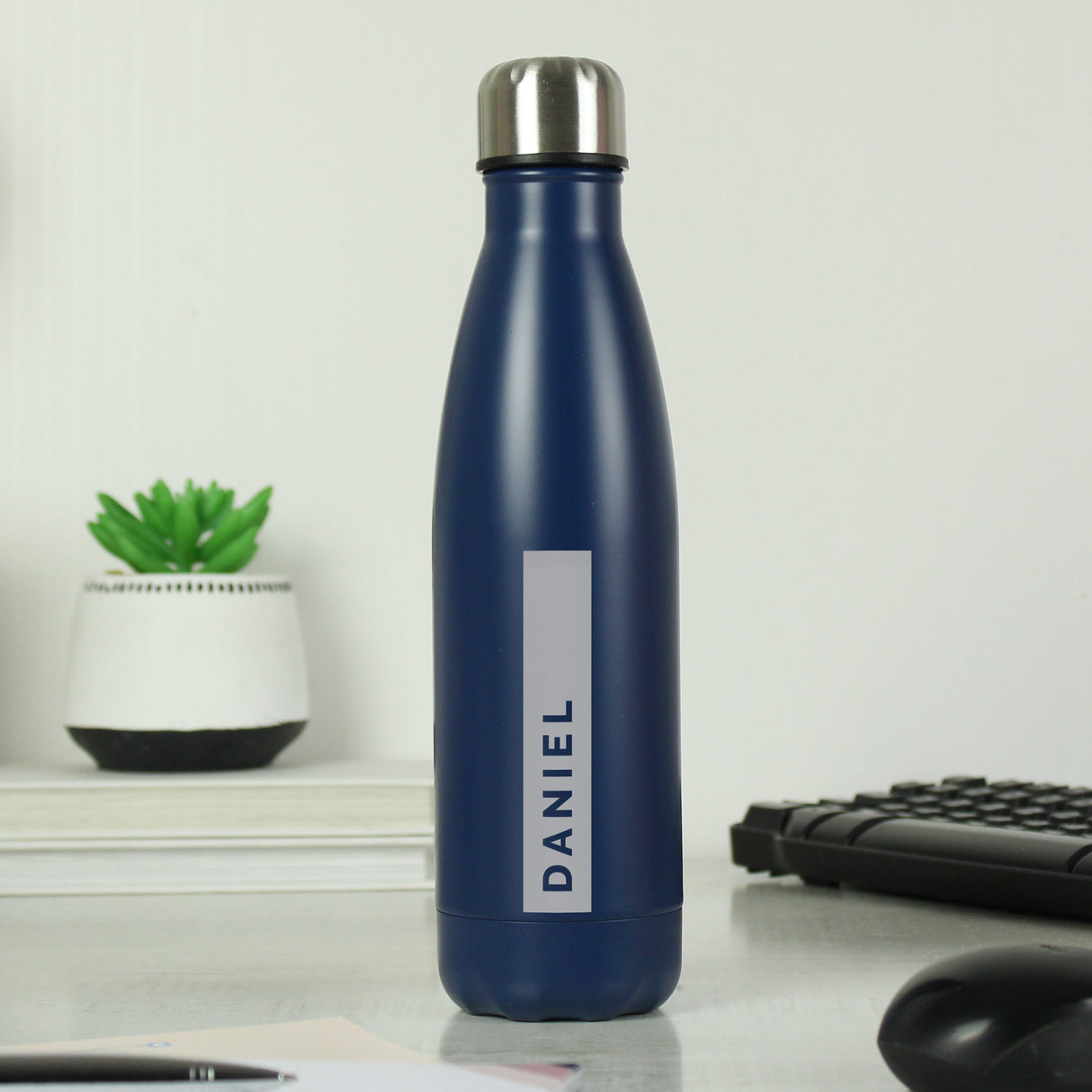 Personalised Rectangle Navy Metal Insulated Drinks Bottle: 3 - Water Bottles By Gift Moments