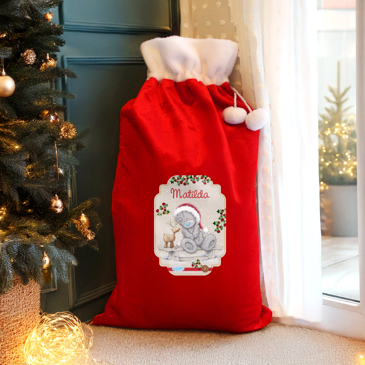 Personalised Me to You Reindeer Luxury Pom Pom Red Sack - Shop Christmas Sacks At Gift Moments - 1