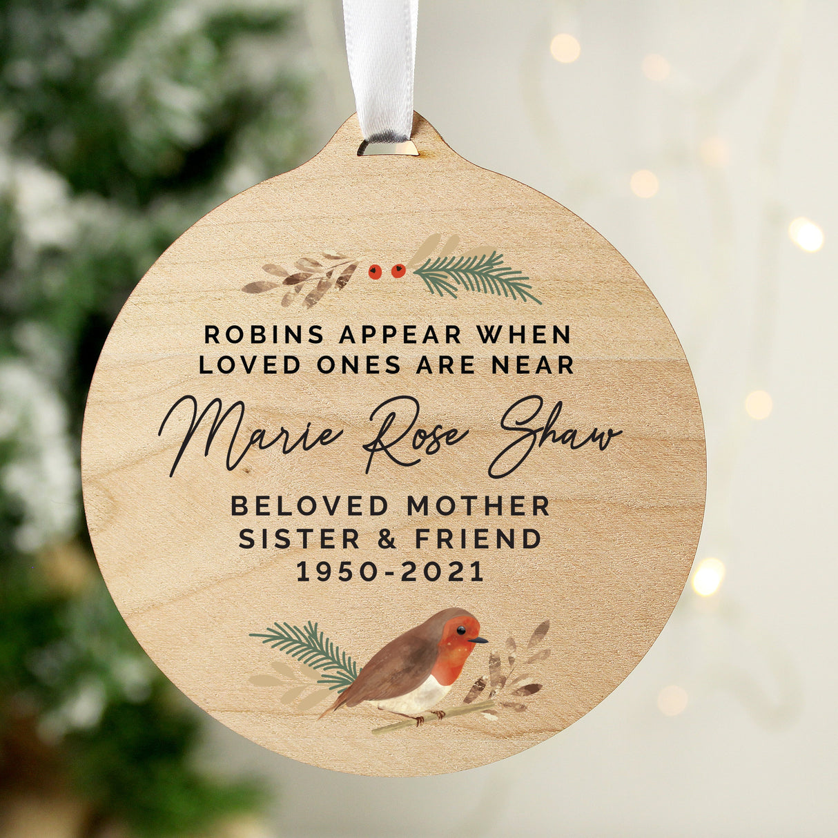 Personalised Robin Memorial Round Wooden Decoration: 3 - Decorations By Gift Moments