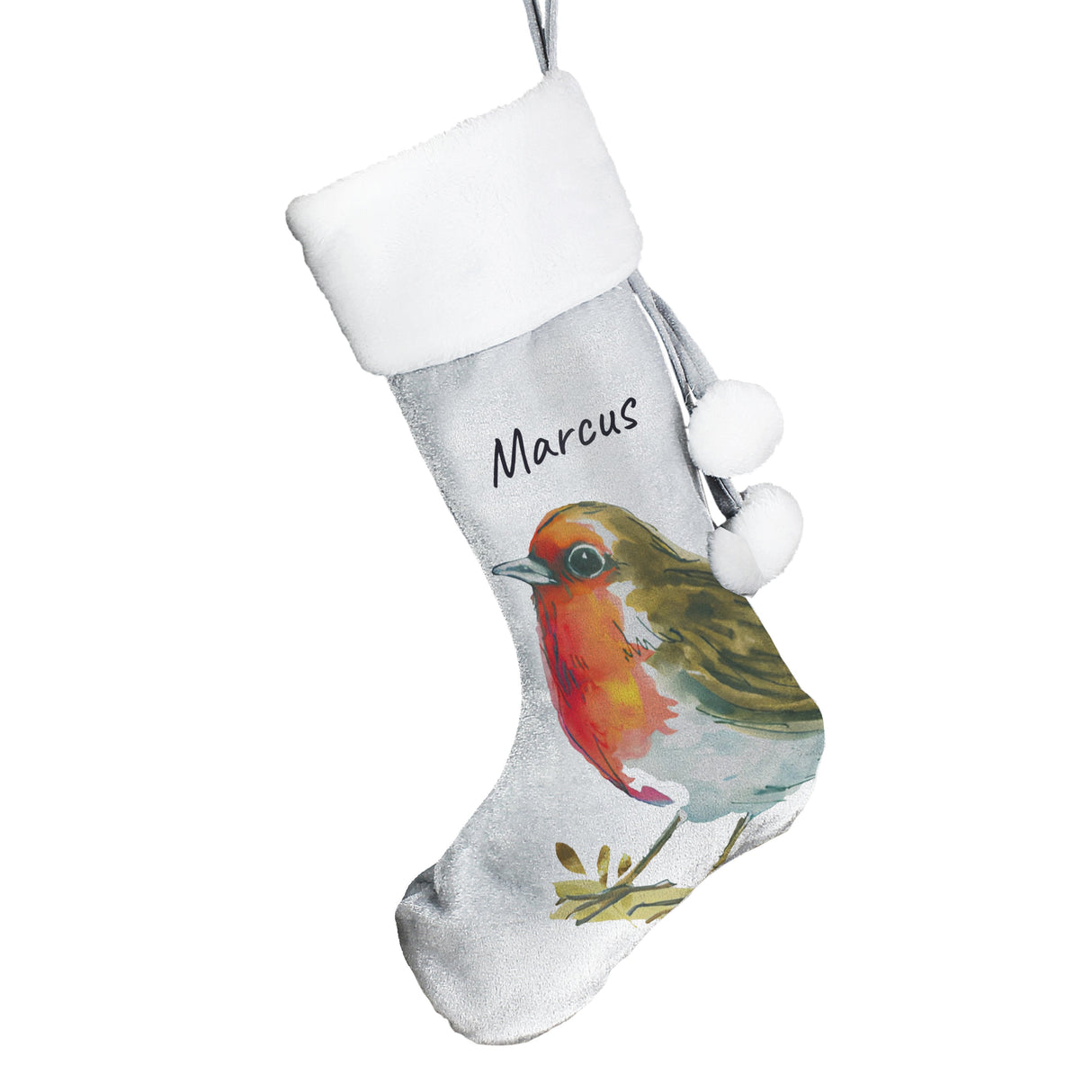 Personalised Robin Silver Grey Stocking: 4 - Christmas Stockings By Gift Moments