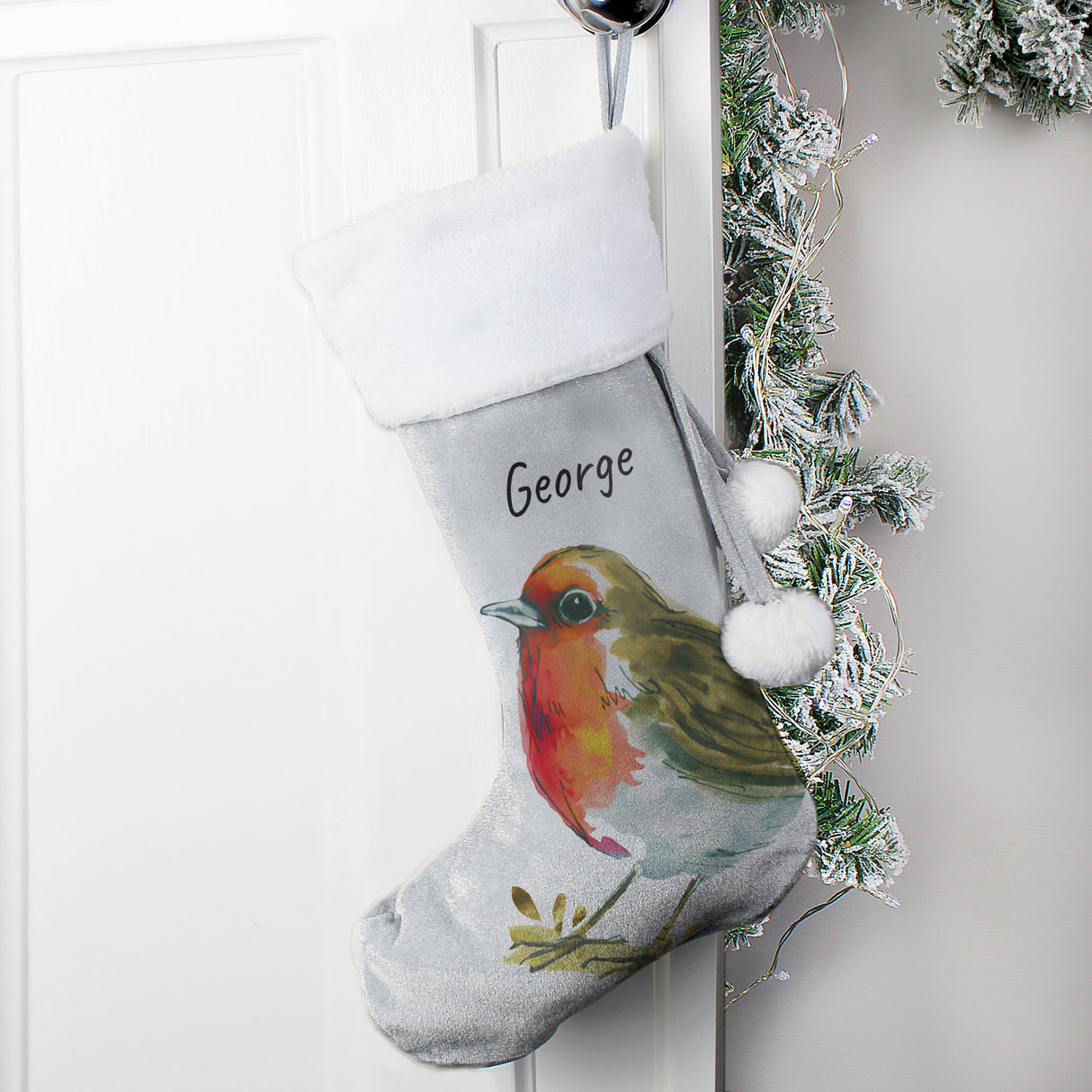 Personalised Robin Silver Grey Stocking: 3 - Christmas Stockings By Gift Moments