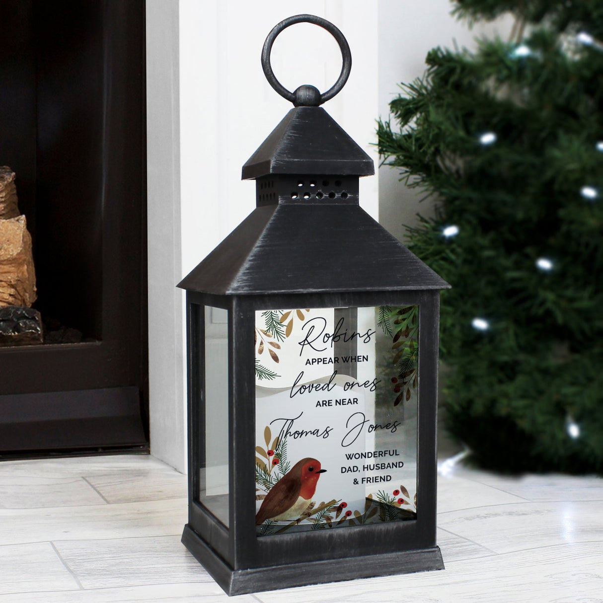 Personalised Robins Appear.. Memorial Black Lantern: 1 - LED Lighting By Gift Moments