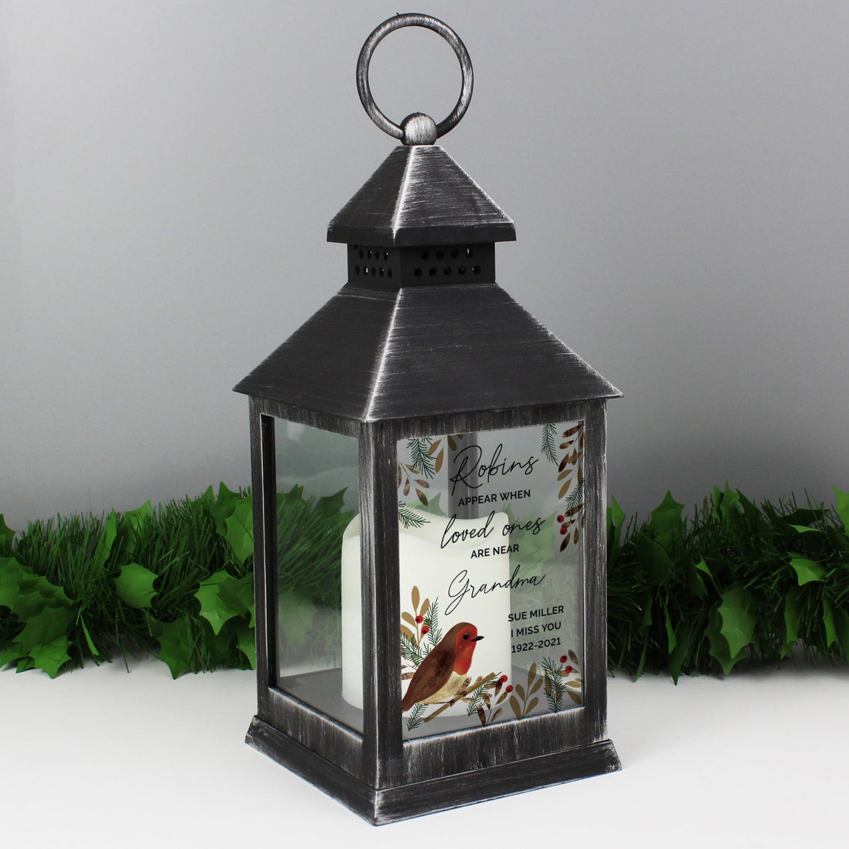 Personalised Robins Appear.. Memorial Black Lantern: 4 - LED Lighting By Gift Moments