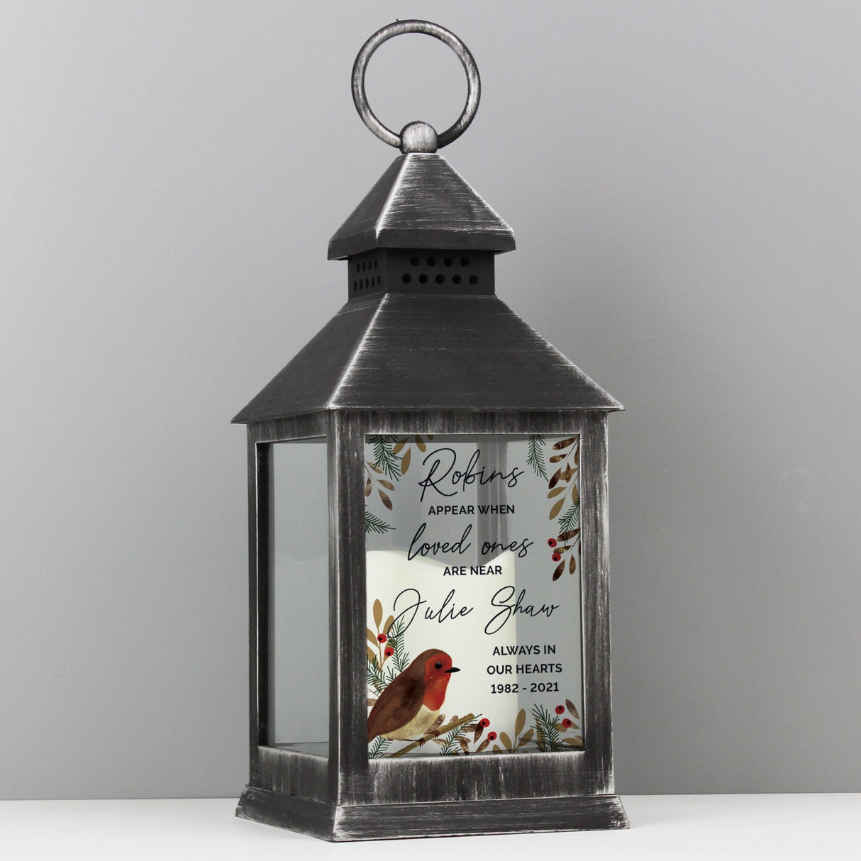 Personalised Robins Appear.. Memorial Black Lantern: 2 - LED Lighting By Gift Moments