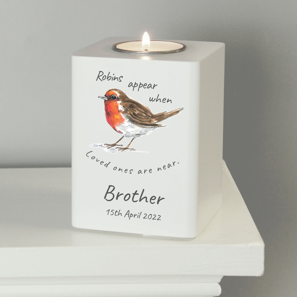 Personalised Robins Appear White Wooden Tea light Holder: 4 - Candle Holders By Gift Moments