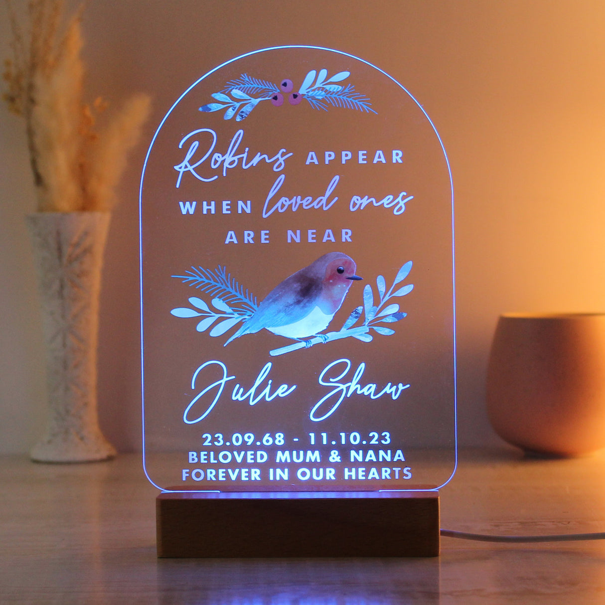 Personalised Robins Appear Wooden Based LED Light: 9 - LED Lighting By Gift Moments