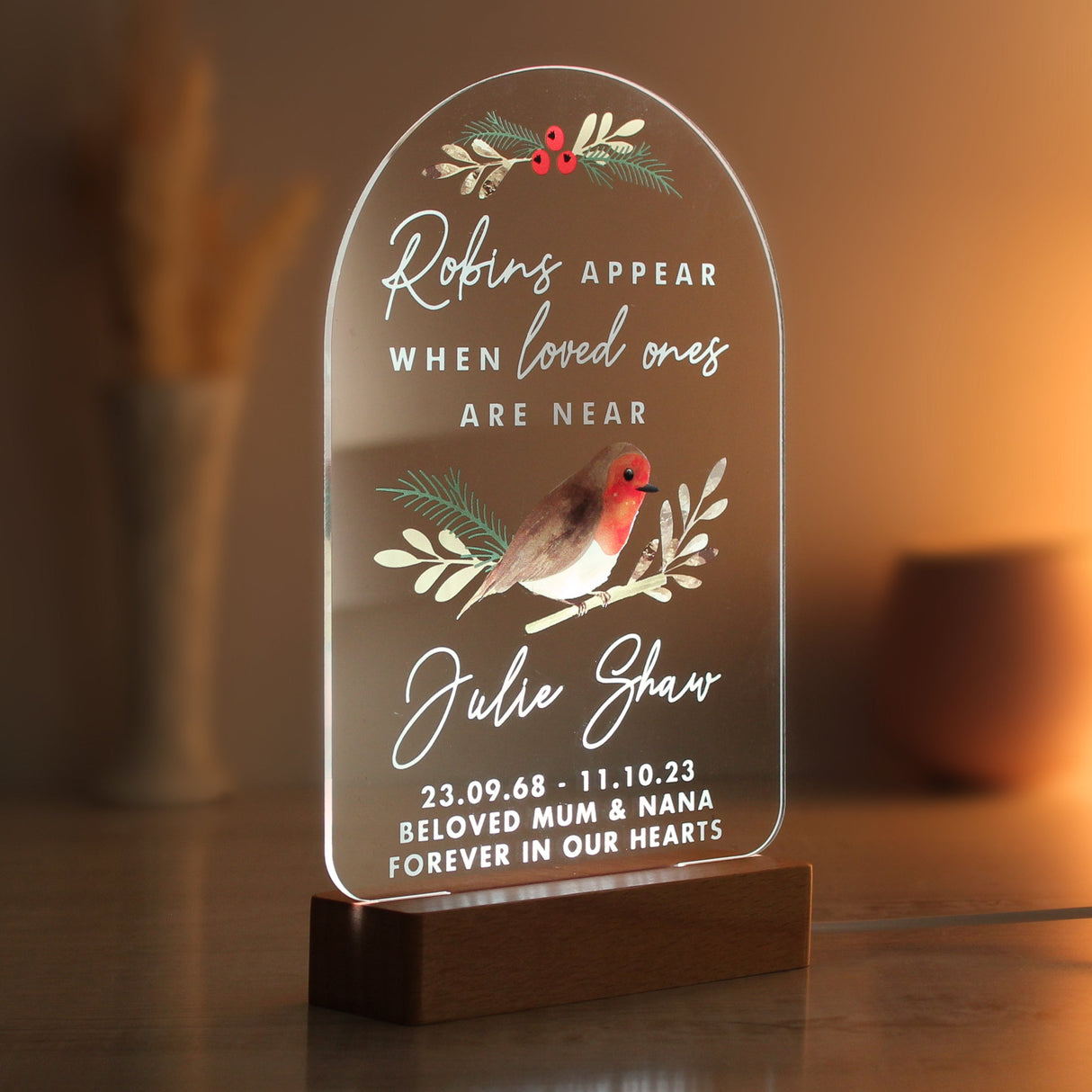 Personalised Robins Appear Wooden Based LED Light: 6 - LED Lighting By Gift Moments