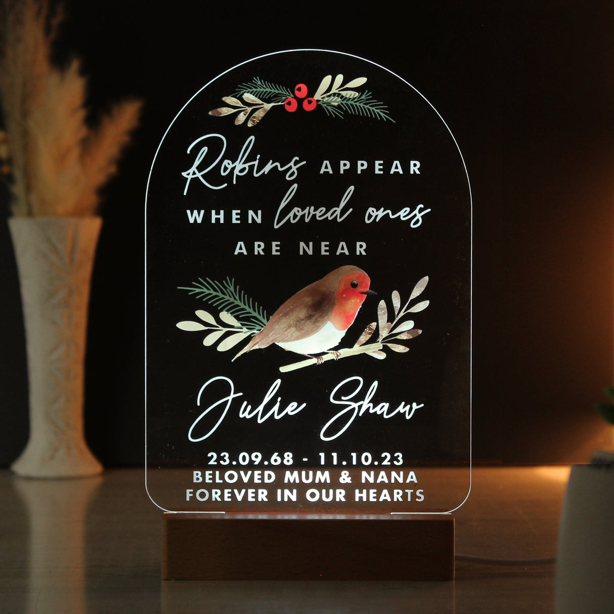 Personalised Robins Appear Wooden Based LED Light: 1 - LED Lighting By Gift Moments