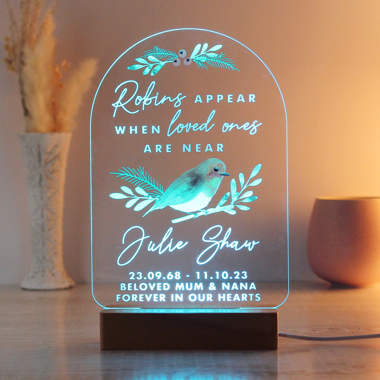Personalised Robins Appear Wooden Based LED Light: 7 - LED Lighting By Gift Moments