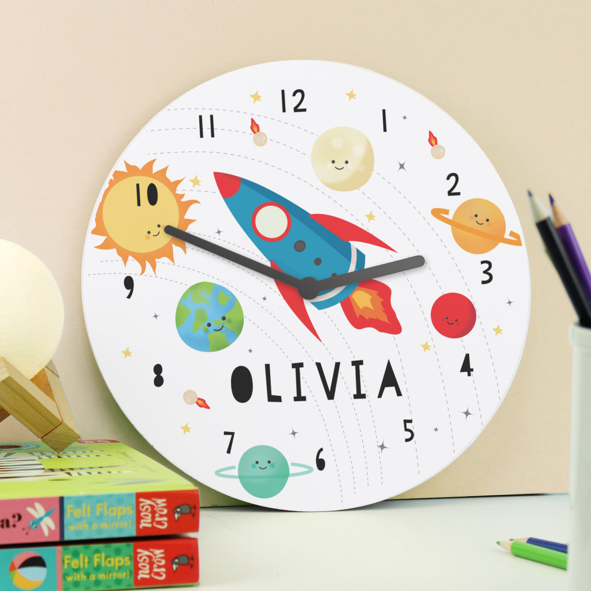 Personalised Rocket in Space Large Wooden Clock: 4 - Clocks By Gift Moments