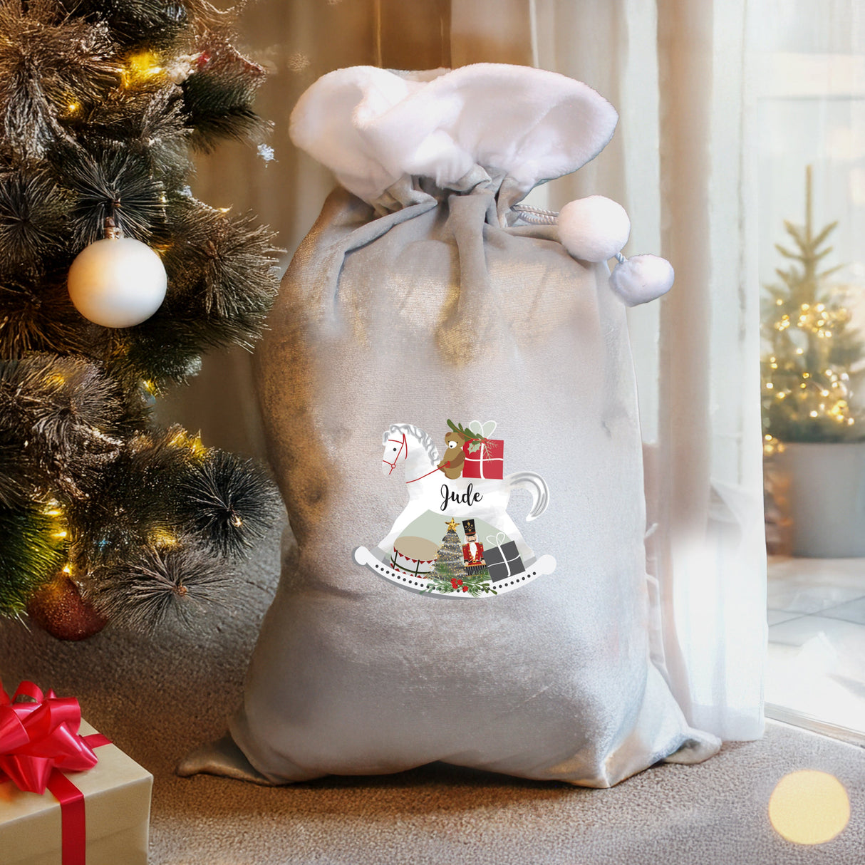 Personalised Rocking Horse Luxury Silver Grey Pom Pom Sack: 2 - Christmas Sacks By Gift Moments