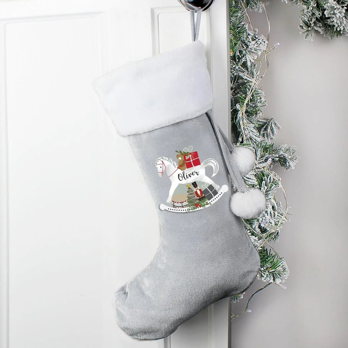 Personalised Rocking Horse Luxury Silver Grey Stocking: 3 - Christmas Stockings By Gift Moments