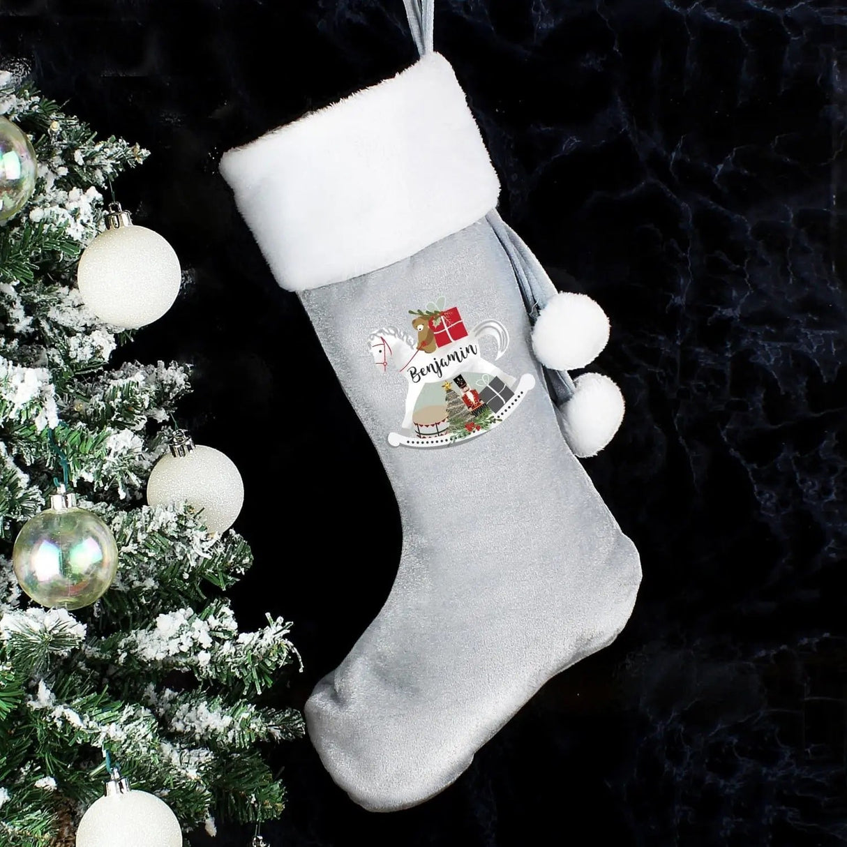 Personalised Rocking Horse Luxury Silver Grey Stocking: 2 - Christmas Stockings By Gift Moments