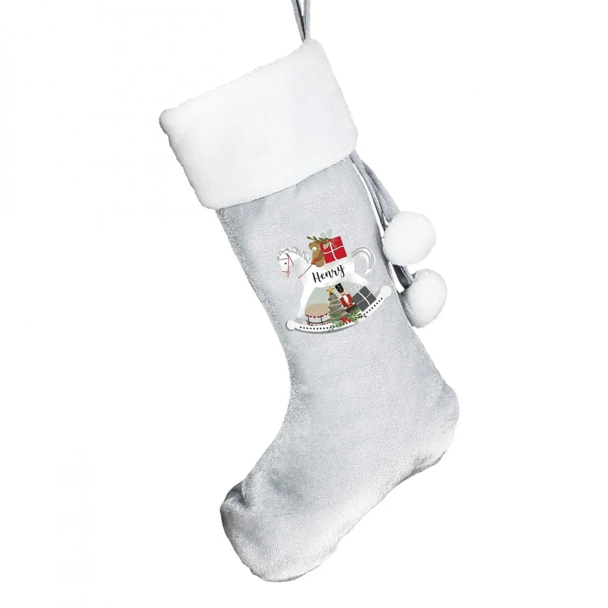 Personalised Rocking Horse Luxury Silver Grey Stocking: 4 - Christmas Stockings By Gift Moments