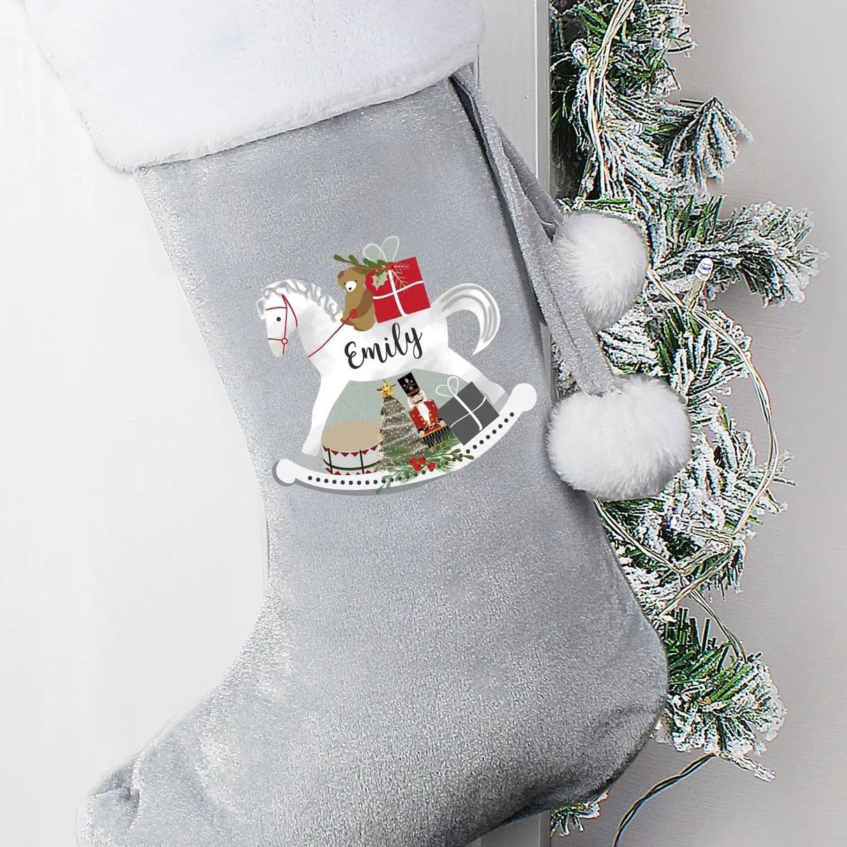 Personalised Rocking Horse Luxury Silver Grey Stocking: 1 - Christmas Stockings By Gift Moments