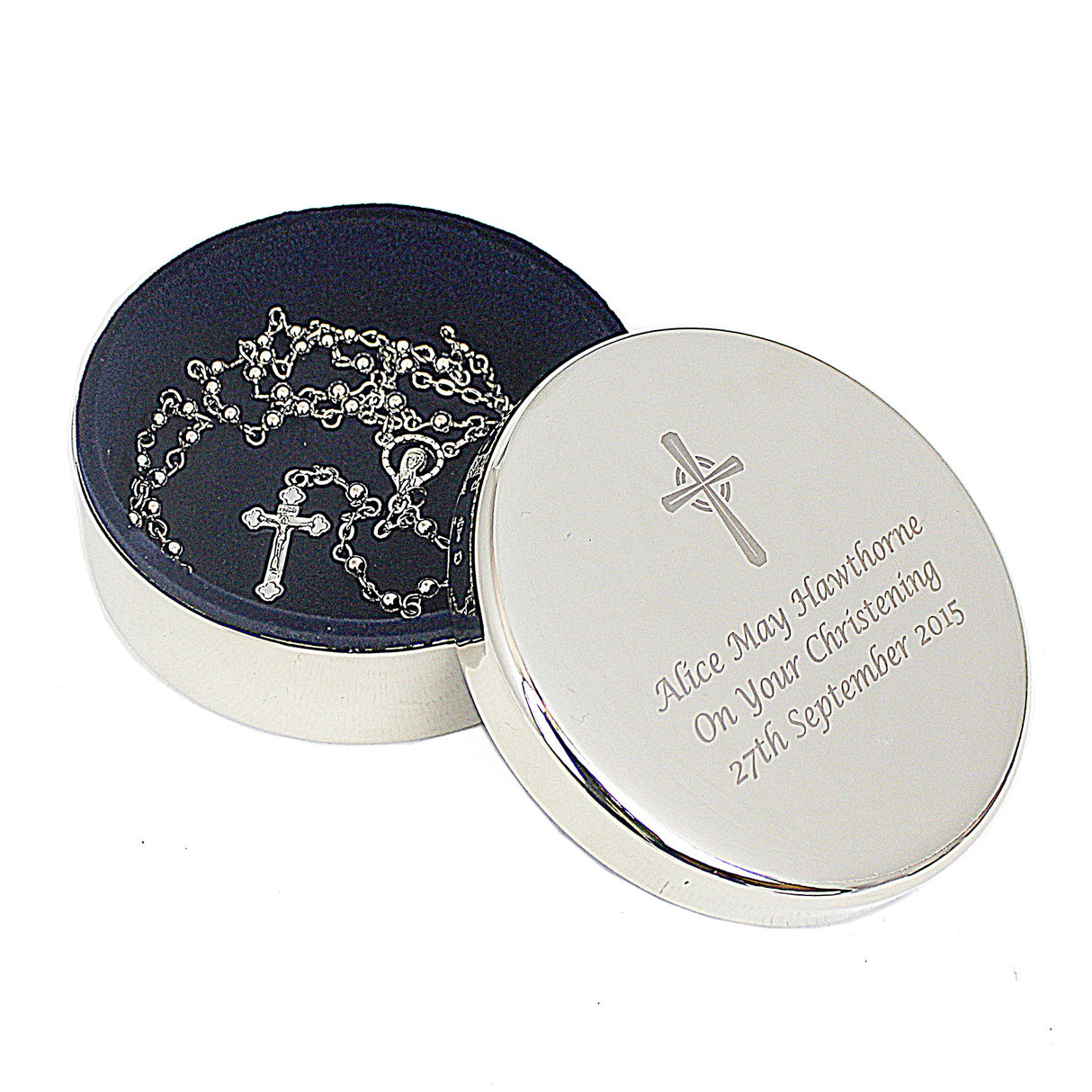 Personalised Rosary Beads and Cross Round Trinket Box: 8 - Trinket Boxes By Gift Moments