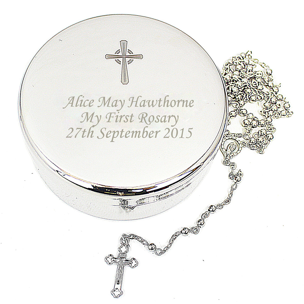 Personalised Rosary Beads and Cross Round Trinket Box: 9 - Trinket Boxes By Gift Moments