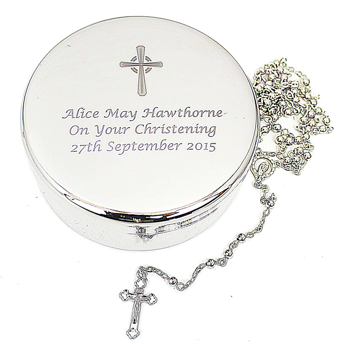 Personalised Rosary Beads and Cross Round Trinket Box: 6 - Trinket Boxes By Gift Moments
