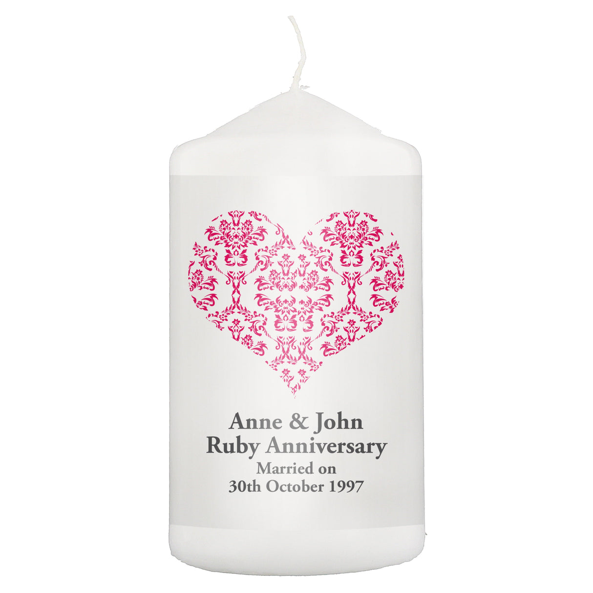 Personalised Ruby Damask Heart Pillar Candle: 2 - Candles By Gift Moments