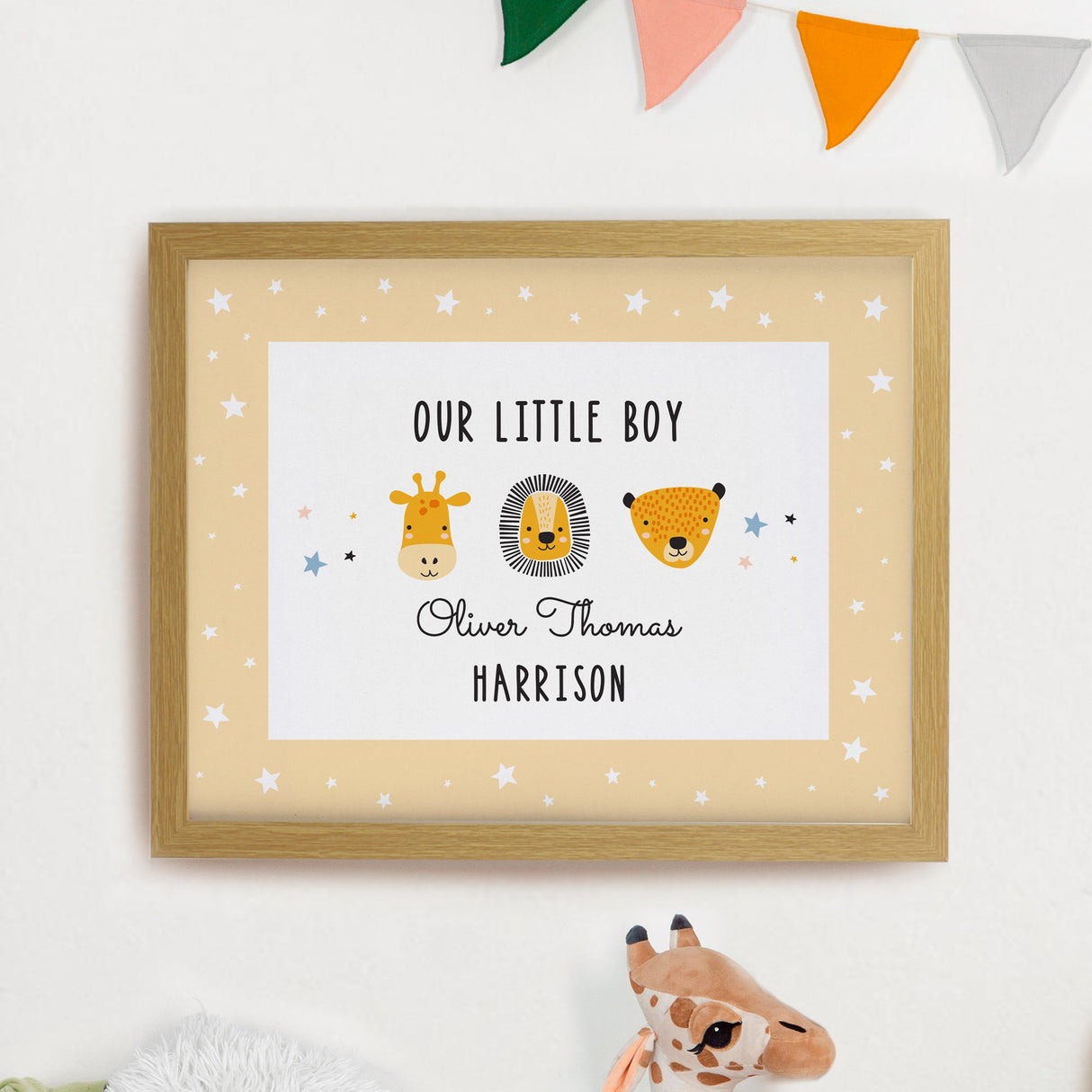 Personalised Safari Animals Framed Prints - Oak - Shop Framed Prints At Gift Moments - 1