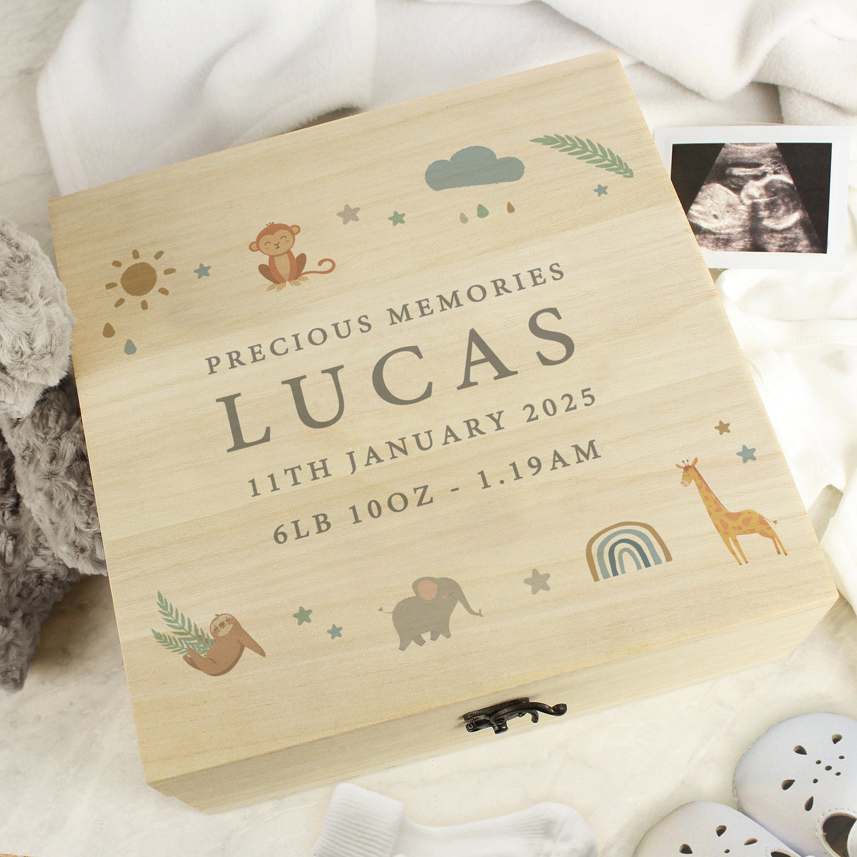 Personalised Safari Animals Large Wooden Keepsake Box - Shop Keepsake Boxes At Gift Moments - 1