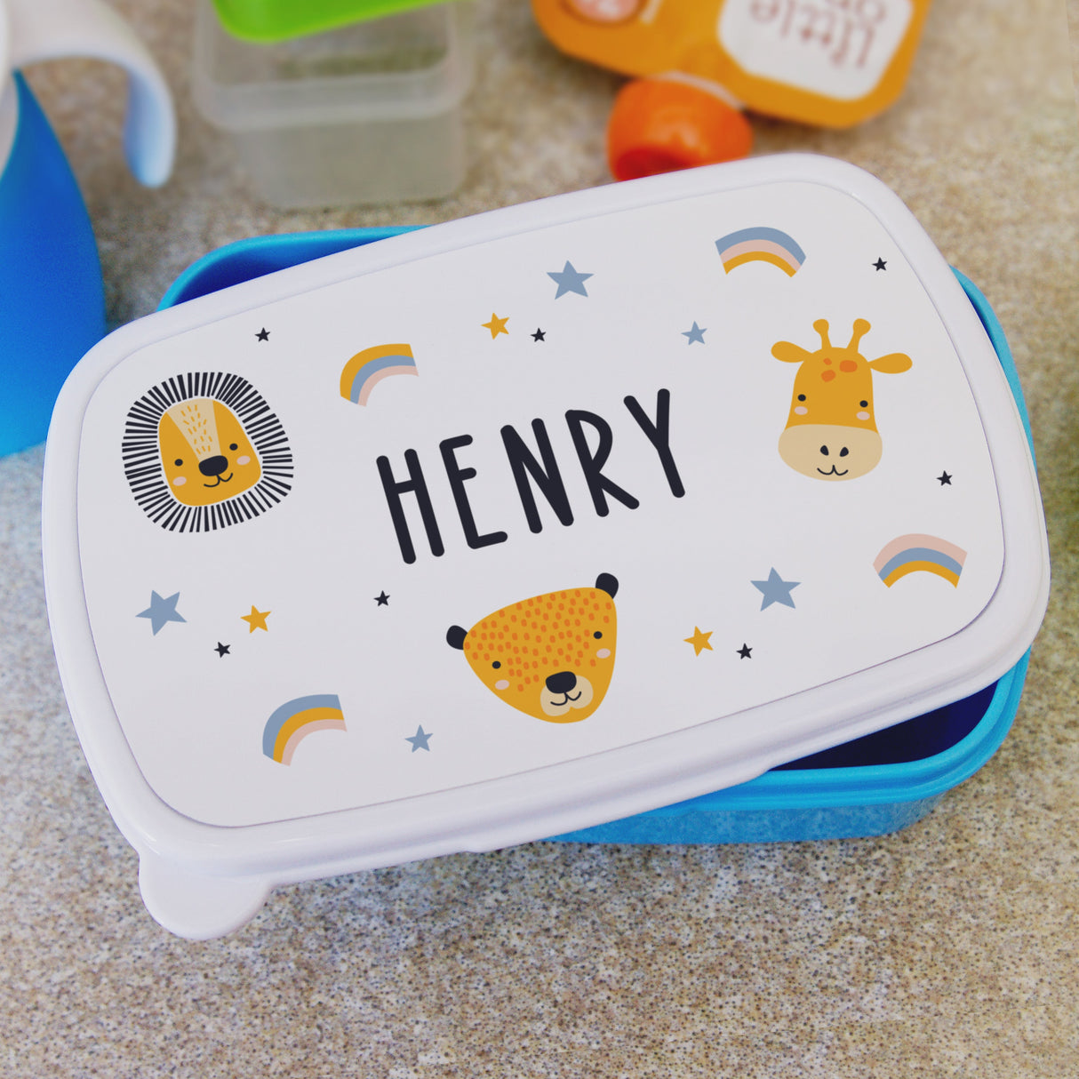 Personalised Safari Animals Name Only Blue Lunch Box: 5 - Lunch Boxes & Bags By Gift Moments