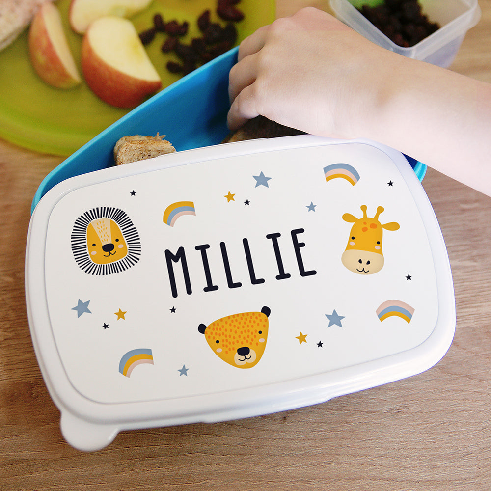 Personalised Safari Animals Name Only Blue Lunch Box: 2 - Lunch Boxes & Bags By Gift Moments
