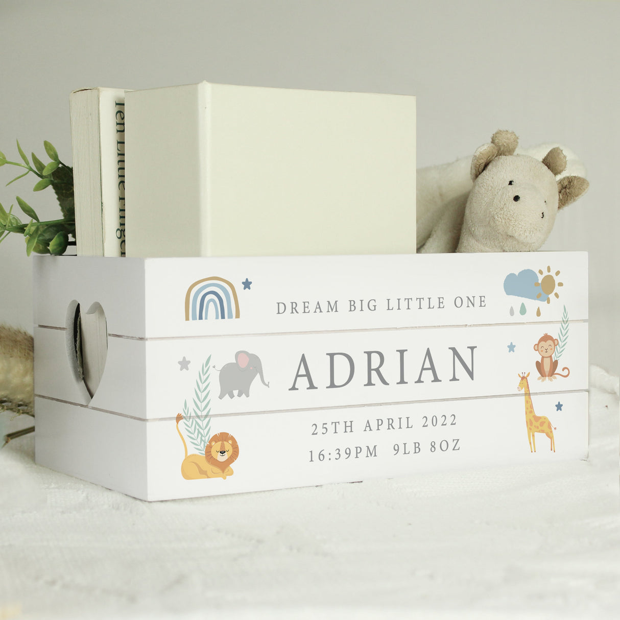 Personalised Safari Animals White Wooden Crate: 2 - Storage By Gift Moments