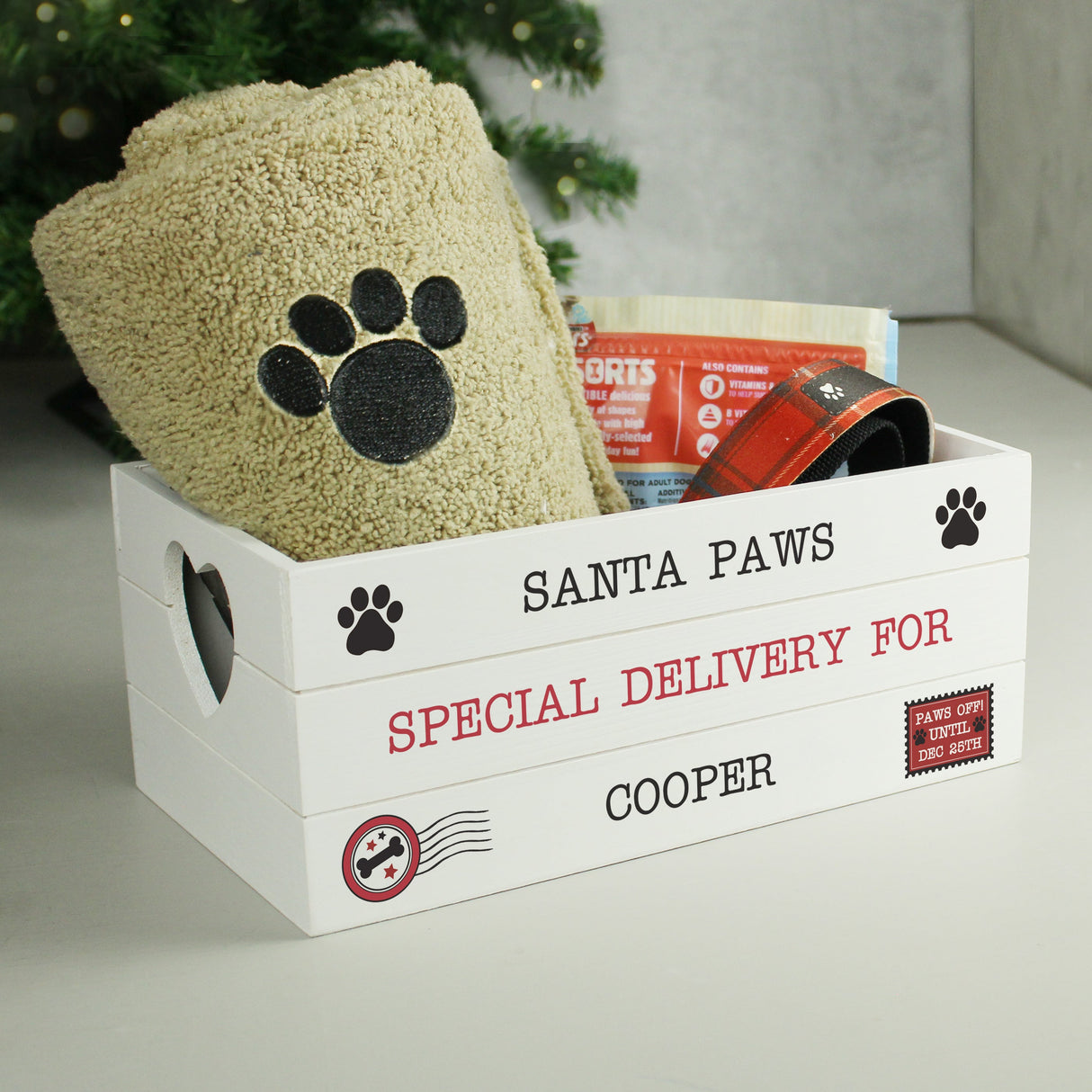 Personalised Santa Paws White Wooden Crate: 1 - Storage By Gift Moments