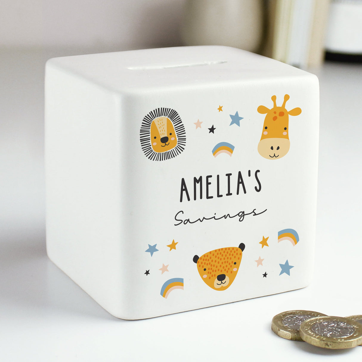 Personalised Scandi Safari Animals Ceramic Square Money Box: 4 - Money Boxes By Gift Moments
