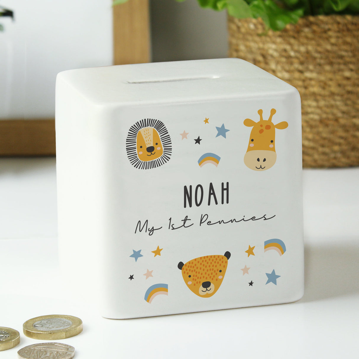 Personalised Scandi Safari Animals Ceramic Square Money Box: 3 - Money Boxes By Gift Moments
