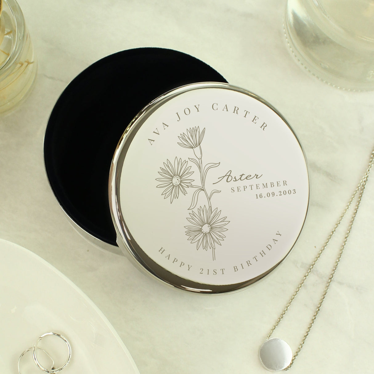Personalised September Birth Flower Round Trinket Box - Shop Trinket Boxes At Gift Moments - 2