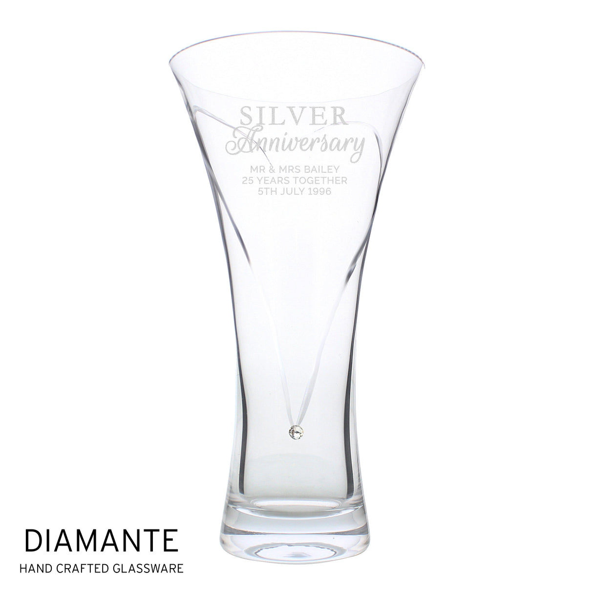 Personalised Silver Anniversary Large Hand Cut Diamante Heart Vase - Shop Vases At Gift Moments - 3