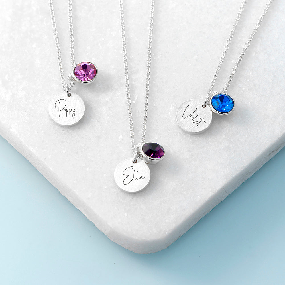 Personalised Silver Birthstone Crystal Disc Necklaces: 1 - Necklaces By Gift Moments