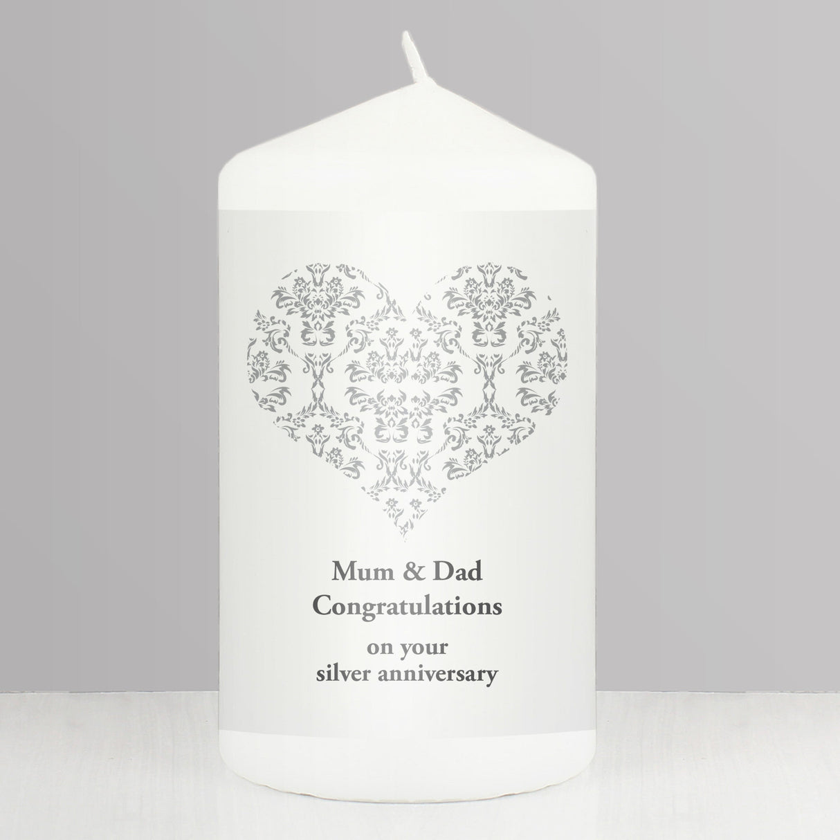 Personalised Silver Damask Heart Pillar Candle: 1 - Candles By Gift Moments