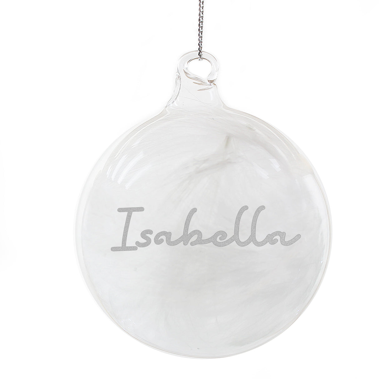 Personalised Silver Glitter Name Only Feather Glass Bauble: 5 - Christmas Baubles By Gift Moments