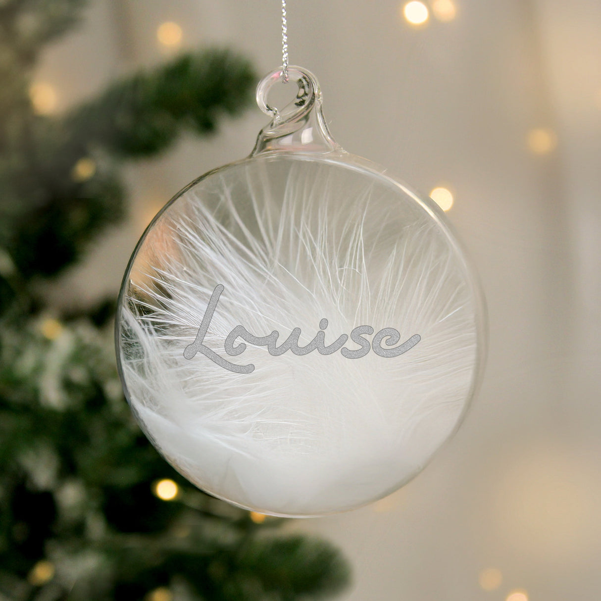 Personalised Silver Glitter Name Only Feather Glass Bauble: 3 - Christmas Baubles By Gift Moments