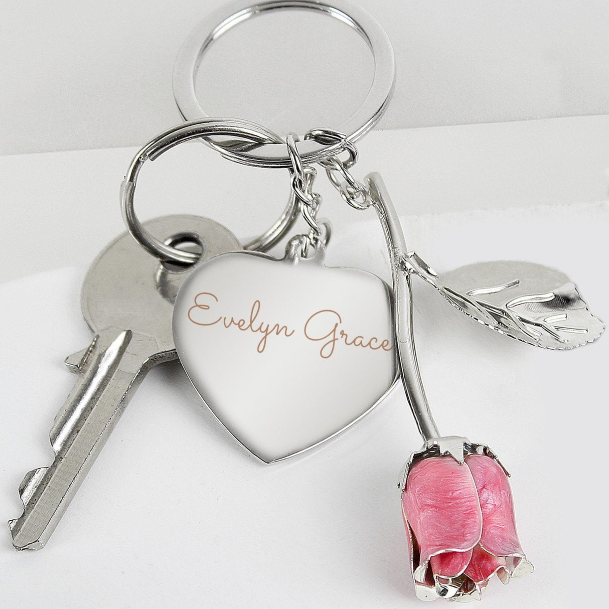 Personalised Silver Plated Name Pink Rose Keyring: 2 - Keyrings By Gift Moments