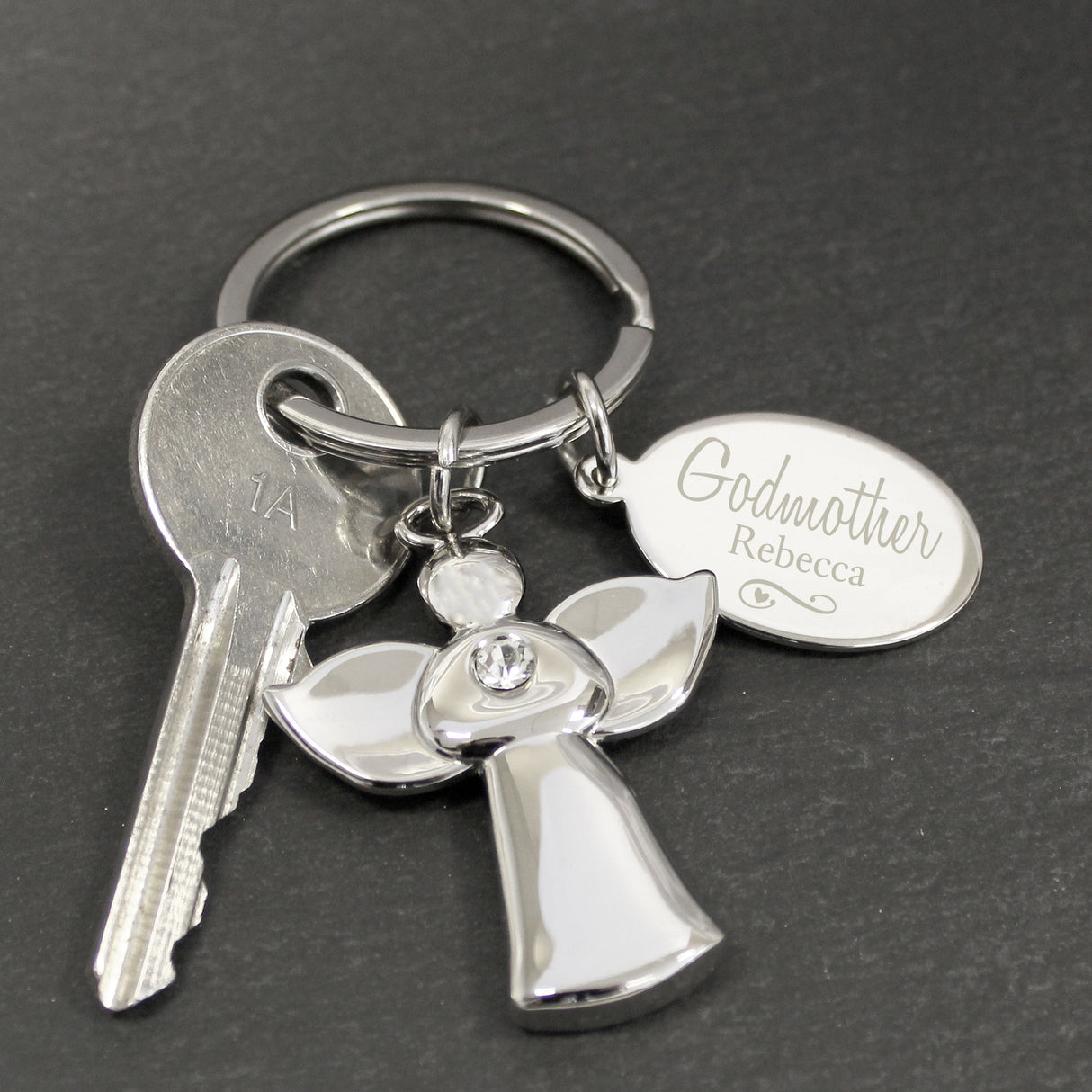 Personalised Silver Plated Swirls & Hearts Godmother Angel Keyring: 5 - Keyrings By Gift Moments