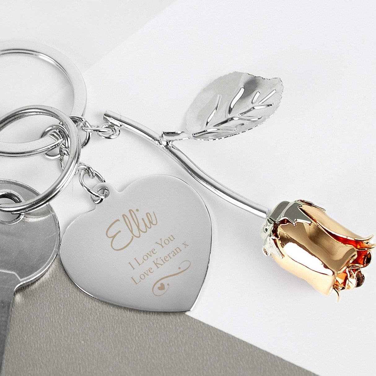 Personalised Silver Plated Swirls & Hearts Rose Gold Rose Keyring: 2 - Keyrings By Gift Moments