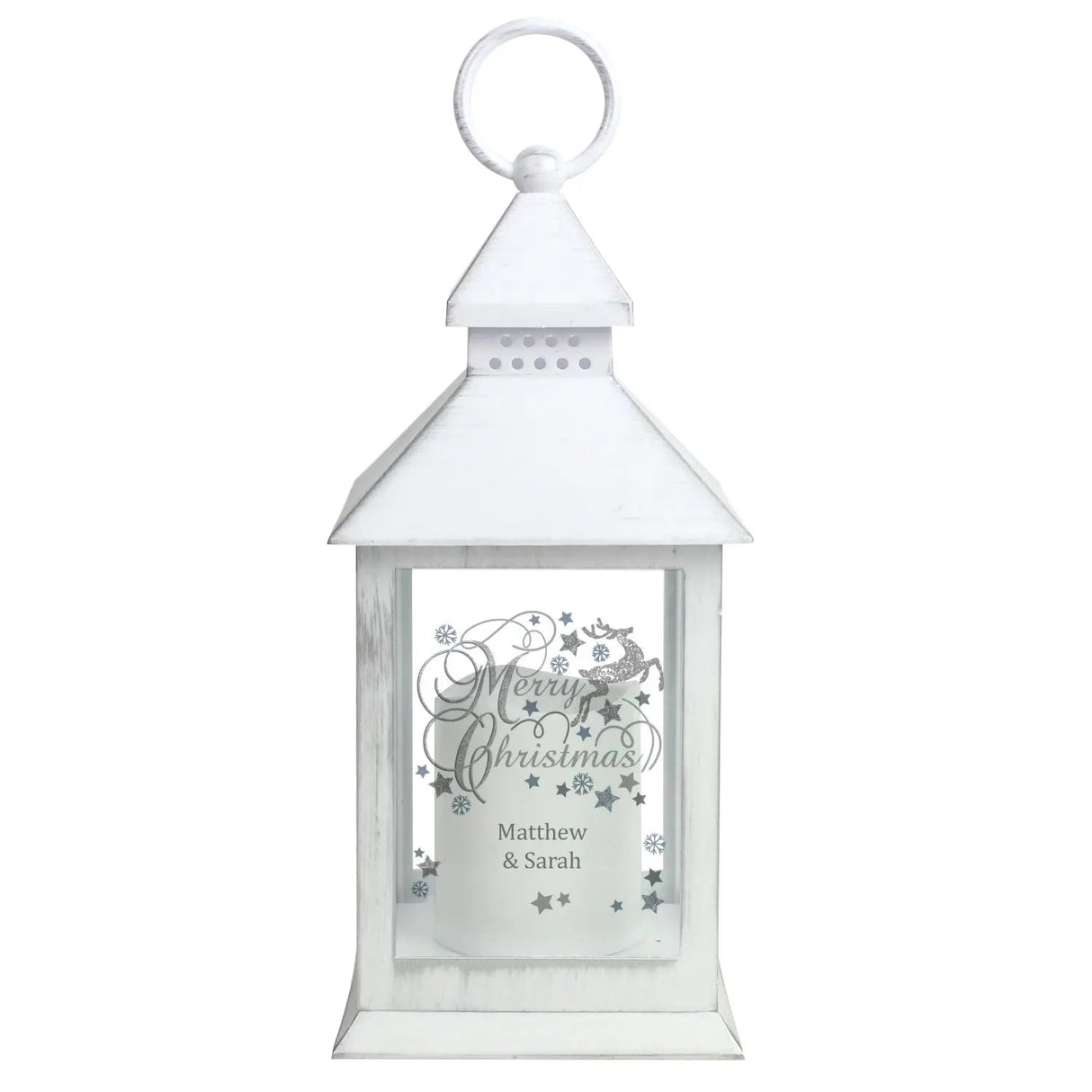 Personalised Silver Reindeer White Lantern: 4 - LED Lighting By Gift Moments