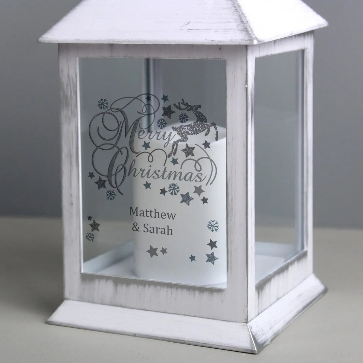Personalised Silver Reindeer White Lantern: 2 - LED Lighting By Gift Moments