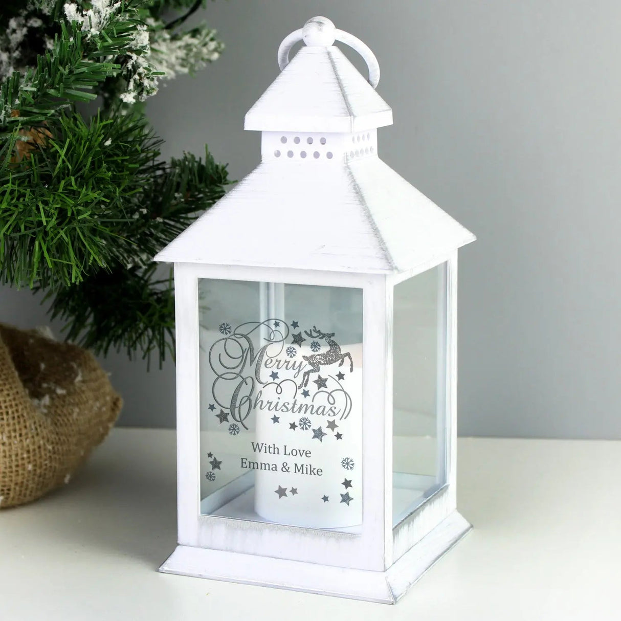 Personalised Silver Reindeer White Lantern: 1 - LED Lighting By Gift Moments