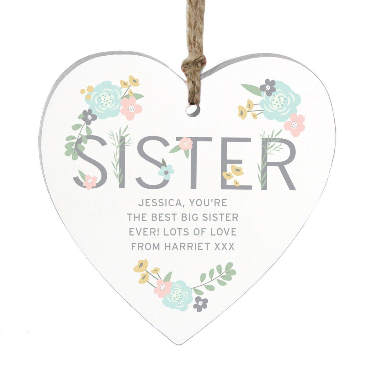 Personalised Sister Floral Wooden Heart Decoration - Shop Decorations At Gift Moments - 5